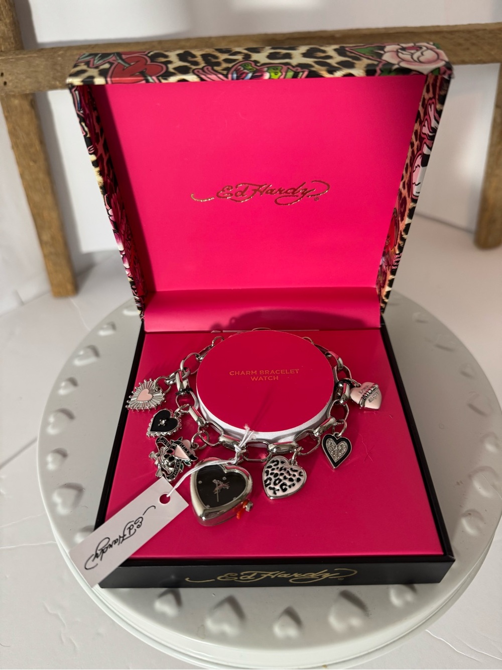 Ed Hardy Silver Charm Bracelet with heart watch Black, silver & pink NWT